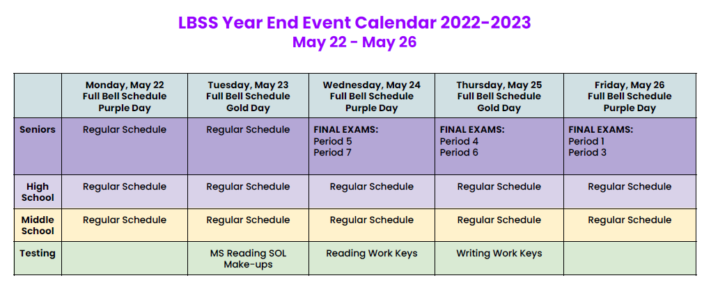 LBSS Year End Event Calendar 2022-2023 | Lake Braddock Secondary School